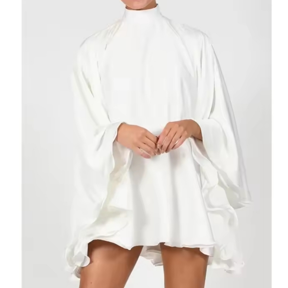 Women's White Turtleneck Long Ruffled SleevesBackless Dress 2025 Summer Spring - Picture 6 of 7